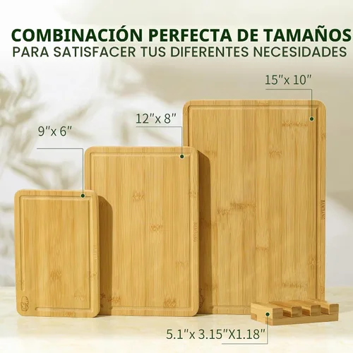 Vista 5 de BAMBANG Juego de tablas de cortar de bambú, tablas de cortar de madera de 3 piezas para cocina, bloque de carnicero no tóxico con ranura para jugo
