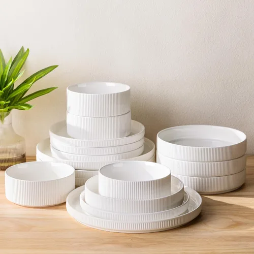Vista 26 de TheTerra Juego de vajilla de cerámica para 4, juego de 12 platos y cuencos ligeros de porcelana, resistente a los arañazos, apto para horno