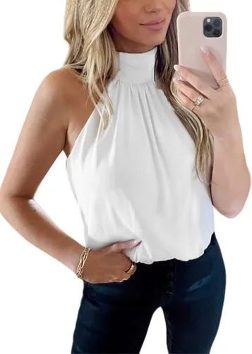 Vista 3 de Remidoo Camiseta sin mangas casual para mujer, cuello con lazo frontal, plisado