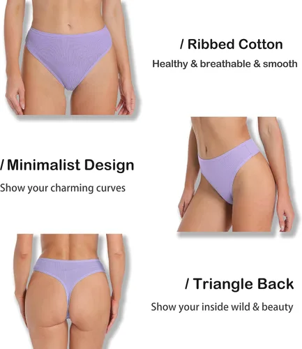 Vista 3 de PSEFNAGX Tanga de algodón acanalado transpirable sin costuras de cintura alta para mujer, ropa interior de talla grande