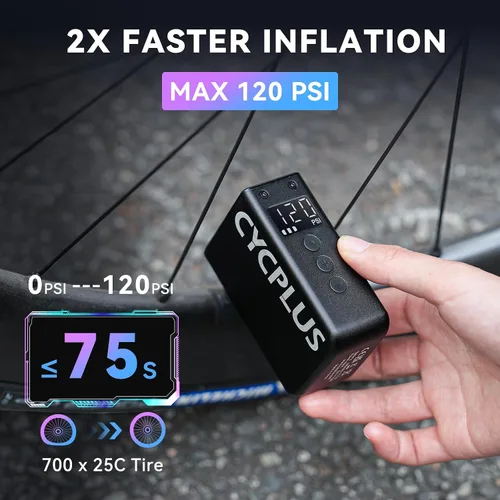Vista 4 de CYCPLUS AS2 Pro Max Tiny Pump Mini con medidor, bomba de aire inalámbrica para bicicleta de hasta 120 PSI, parada automática, con válvula Presta