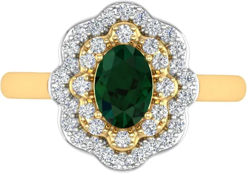 Vista 3 de FINEROCK Anillo de compromiso de diamantes redondos y esmeralda de forma ovalada de 1.05 quilates en oro de 10 quilates