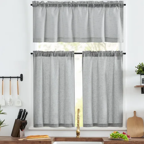 Vista 45 de Jinchan - Cortinas de cocina de lino rústico beige con bolsillo para barra, 26 x 36 pulgadas, 2 paneles