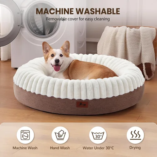 Vista 8 de Cama para perros en forma de dona, tamaño mediano, camas redondas para perros y gatos pequeños y medianos con piel sintética esponjosa lavable, cama