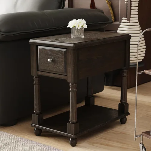 Vista 12 de Mesa auxiliar estrecha de madera maciza con cajón, mesa auxiliar de sofá con estantes de almacenamiento, mesa auxiliar delgada, teléfono
