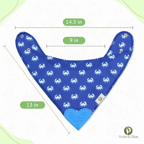 Vista 4 de Pickle & Olive Baberos de dentición bandana para bebé con mordedor de silicona adjunto, juego de 4, Azul mar