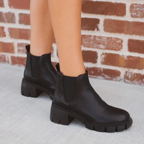 Vista 5 de Botas de estilo botas de combate de cuero y con plataforma y tacón grueso, tipo Chelsea, para mujer, hasta el tobillo