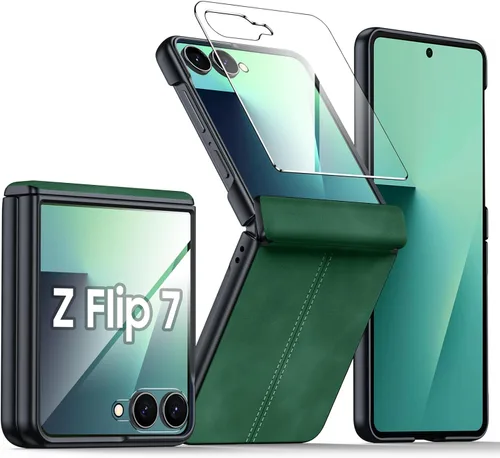Vista 56 de para Samsung Galaxy Z Flip 7 Funda con protección de bisagras y protector de pantalla incorporado, funda de cuero mate de policarbonato ultradelgada