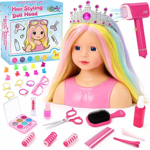 Vista 8 de Cabeza de muñeca para peinar el cabello para niños Hairdryer Accessories Real Lipstick Makeup Palette, Black Princess Birthday Gifts for 3-8 Years
