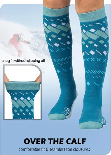 Vista 4 de OutdoorMaster Calcetines de esquí, paquete de 2 pares de calcetines de esquí y snowboard para hombres y mujeres con diseño OTC con puño