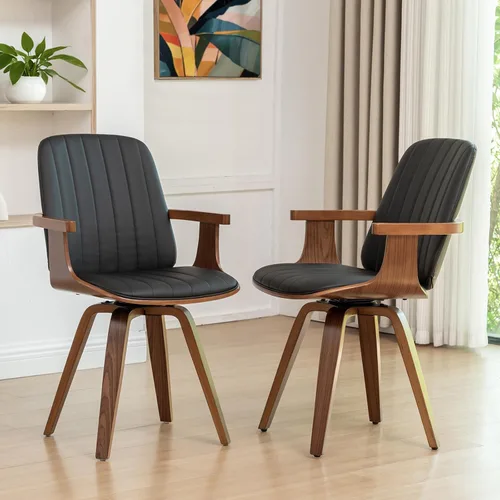 Vista 21 de WUPOTO Juego de 1 silla de comedor giratoria, silla de comedor moderna de mediados de siglo con artesanía de nogal, piel sintética tapizada, brazos