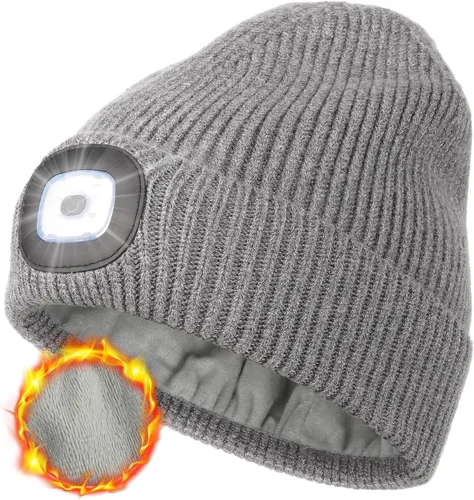 Vista 18 de MELASA Gorro de invierno con forro polar LED, recargable por USB, gorro cálido con luz integrada, regalos para hombres, papá, esposo, él