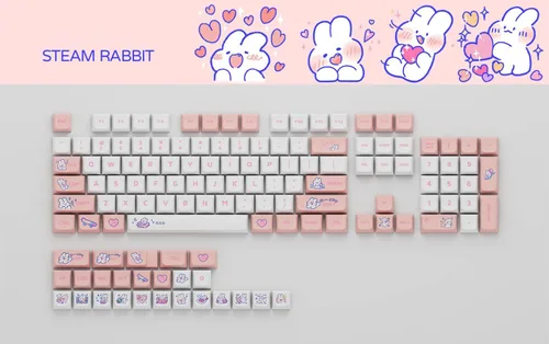 Vista 7 de Animal Rabbit - Lindas teclas de conejo personalizadas para teclado mecánico, 130 teclas de sublimación de tinte PBT (conejo rosa)