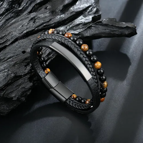 Vista 4 de Raymard Pulsera de cuentas de piedra volcánica de piedra volcánica de ónix negro y ojo de tigre mate para hombre, pulsera de cuero trenzado negro