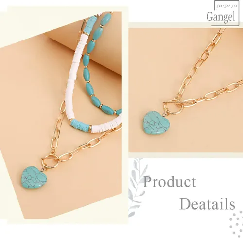 Vista 4 de Gangel Collar bohemio con forma de corazón, collares en capas de turquesa, gargantilla de surfista, collar de concha de puka, collar de playa
