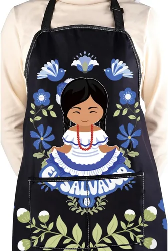 Vista 6 de WCGXKO Delantal de cocina inspirado en El Salvador, regalo de arte floral salvadoreño, mercancía de flores de El Salvador