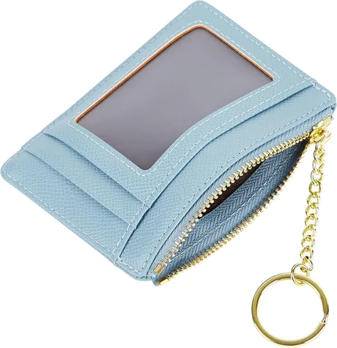 Vista 34 de Tarjetero delgado minimalista para mujer, monedero, monedero, llavero con bolsillo frontal con ventana de identificación