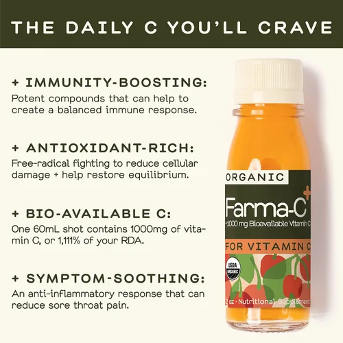 Vista 3 de Jugo de invernadero orgánico Farma-C+ Wellness Shots Vitamina C Inmune Shot prensado en frío con naranja, cereza de acerola, bayas de espino
