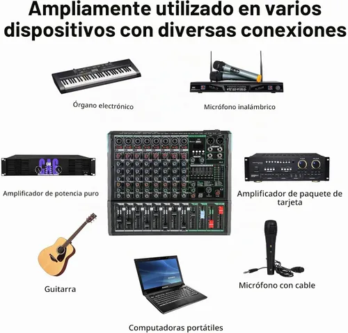 Vista 5 de Mezclador de DJ de 8 canales, mesa de DJ para sistemas de escenario PA con 99 tipos de efectos digitales DPS, efecto eco+retardo, entrada
