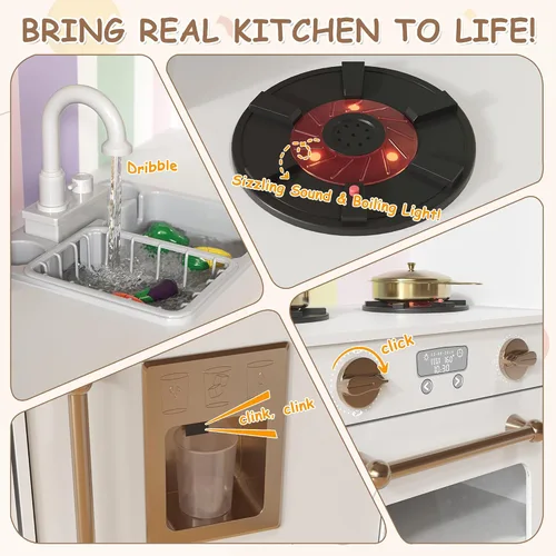 Vista 5 de Juego de cocina de esquina de madera para niños, cocina de juego grande con fregadero con agua corriente, estufa con luz y sonido, máquina de hielo