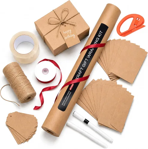 Vista 14 de Assorted Colors Kraft Wrapping Set of 10 Rolls 12"x100' + 8 Accessory Types USA-Made Natural Multi-Color Kraft Paper Kit for Holidays & Special