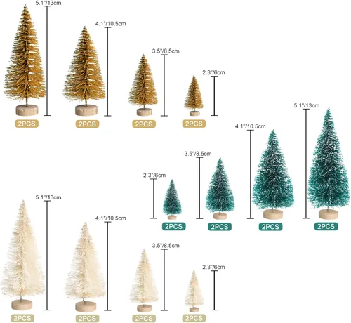 Vista 7 de 8 mini árboles de Navidad artificiales, árboles de cepillo de botella con base de madera, árbol de Navidad artificial de sisal escarchado, mini Beige
