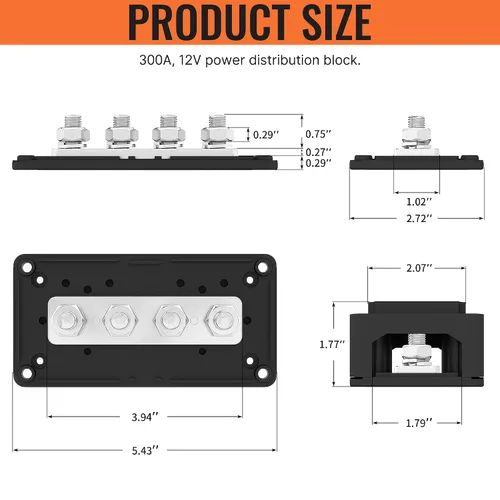 Vista 2 de Joinfworld Barra Colectora de 300A 12V DC Bloque de Distribución de Energía Impermeable con 4 Espárragos de 3/8", Bloque Terminal de Barra Colectora