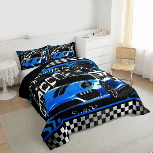 Vista 3 de Feelyou Juego de edredón azul de carreras para niños, juego de ropa de cama de coche deportivo para niños y niños, edredón deportivo geométrico a