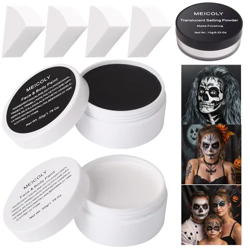 Vista 13 de MEICOLY SFX Joker - Juego de 6 piezas de maquillaje de Halloween, pintura facial blanca y negra, maquillaje clásico profesional a base de aceite
