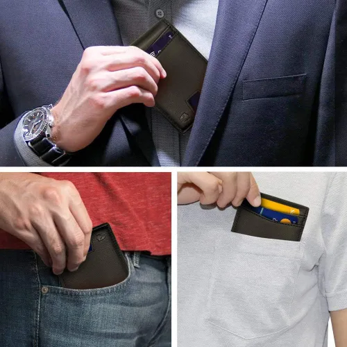 Vista 7 de Bryker Hyde Cartera de cuero delgada plegable con bloqueo RFID para hombres, bolsillo frontal, bolsillo para facturarecibo, Negro y naranja