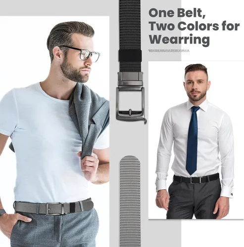 Vista 3 de Cinturones de trinquete de liberación rápida para hombre, cinturón de nailon reversible dos en uno para hombre casual y vestido deportivo