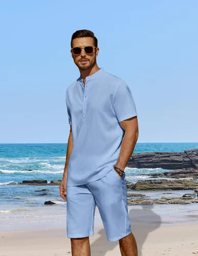 Vista 2 de COOFANDY Conjunto de 2 piezas de lino para hombre, camisas Henley casuales de manga corta, pantalones cortos de yoga para la playa, pantalones
