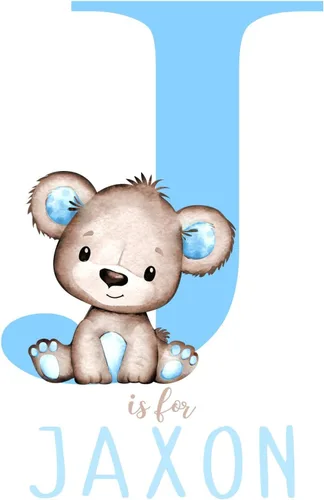 Vista 8 de Arte de pared personalizado con diseño de oso de acuarela azul para bebé niño, decoración de guardería, sin marco, monograma inicial de letra