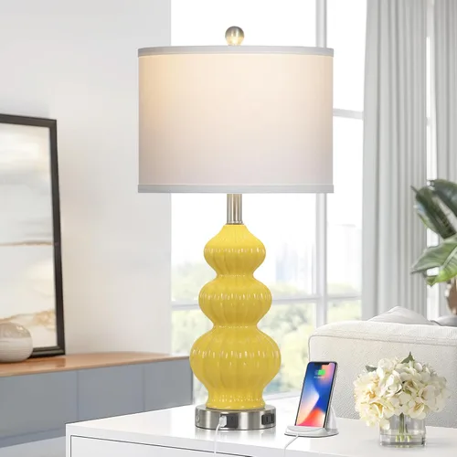 Vista 6 de Rinweey Juego de 2 lámparas de mesa de cerámica de triple calabaza, modernas lámparas de noche amarillas con puertos USB A+C y salida de CA, control