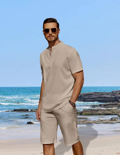 Vista 2 de COOFANDY Conjunto de 2 piezas de lino para hombre, camisas Henley casuales de manga corta, pantalones cortos de yoga para la playa, pantalones