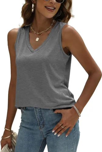 Vista 2 de JomeDesign Camisetas sin mangas de verano para mujer, cuello en V, estilo casual, para leggings, ajuste holgado
