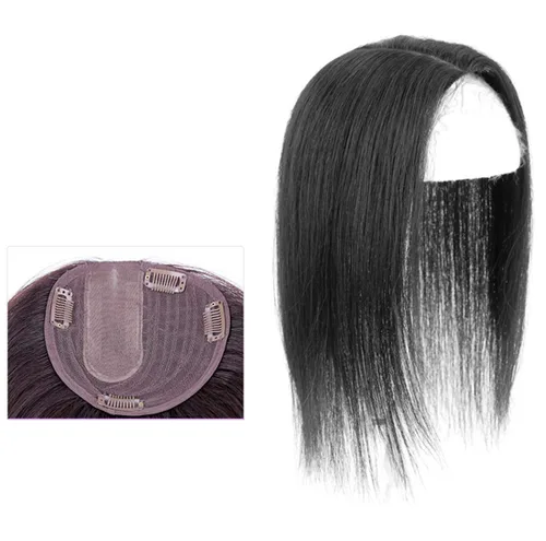 Vista 9 de LXUE Parte superior de cabello humano con base de seda natural para mujeres con cabello gris y delgado, 5 x 5.5 pulgadas, base con flequillo, 8.7