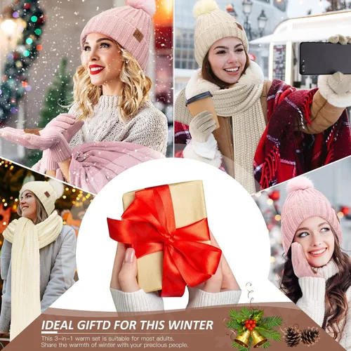Vista 6 de Gorro cálido de invierno para mujer, bufanda de cuello largo, guantes para pantalla táctil, gorro de punto con pompón con forro polar, regalos