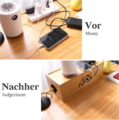 Vista 3 de HTB - Organizador de cables para escritorio, caja de gestión de cables y gestión de cables de bambú para centro de entretenimiento de TV, oficina