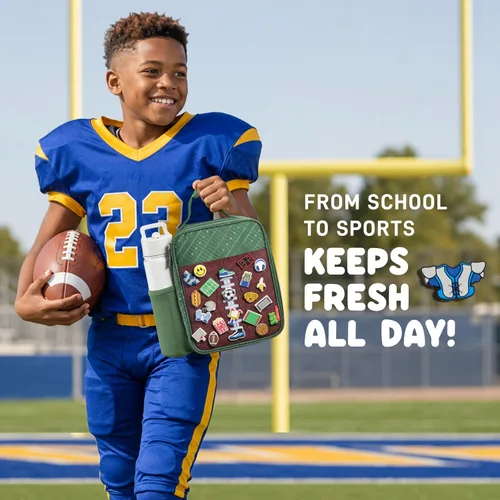 Vista 4 de Fit & Fresh Lonchera personalizable con dije para niños y niñas, lonchera infantil de fútbol con 6 dijes deportivos, bolsa de almuerzo reutilizable