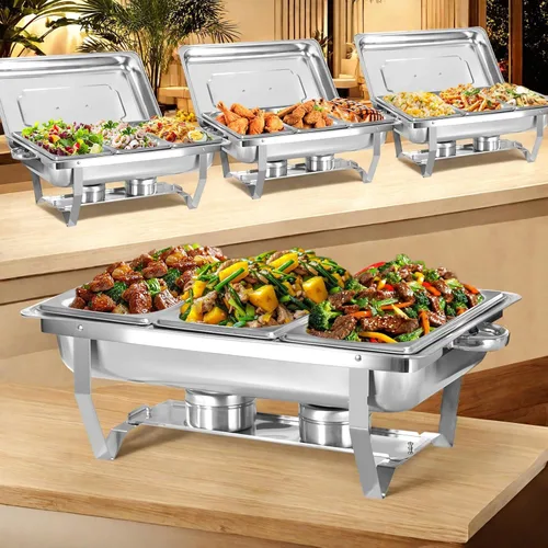 Vista 8 de Juego de 2 Platos de Roce de 8 Qt para Buffet, Juego de Chafer para Catering de Acero Inoxidable de Tamaño Completo Dorado, Rectangular