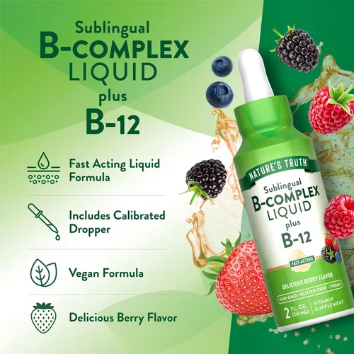 Vista 5 de Nature's Truth Sublingual B Complex con B12 2 onzas líquidas Sabor a bayas Suplemento vegano, sin OMG y sin gluten