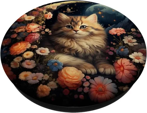 Vista 2 de Lindo gato floral jardín flores celestial luna creciente estrellas PopSockets estándar PopGrip