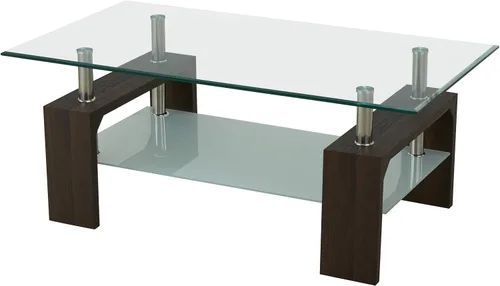 Vista 8 de Mesa de centro de cristal de 2 niveles, mesa de centro de vidrio templado, mesa central moderna rectangular mesa de té ovalada de vidrio con estante