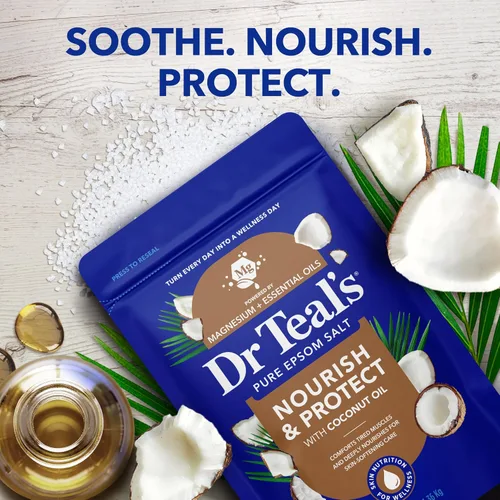 Vista 4 de Dr. Teal - Sal pura de Epsom remojada, nutre y protege con aceite de coco, 3 libras (el embalaje puede variar)