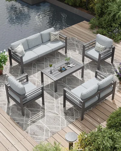 Vista 8 de AECOJOY Juego de muebles de patio de aluminio, muebles modernos de exterior de 5 asientos con mesa auxiliar, 4 piezas de sofá seccional