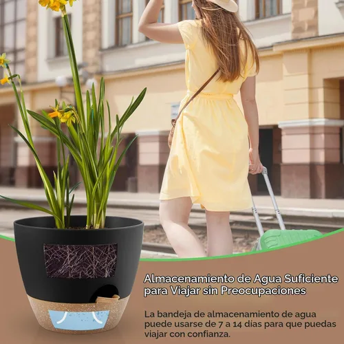 Vista 5 de YNNICO Macetas de 10/9/8/7.5/7 pulgadas, macetas de riego automático con agujeros de drenaje y platillos para plantas de interior y exterior (negro)