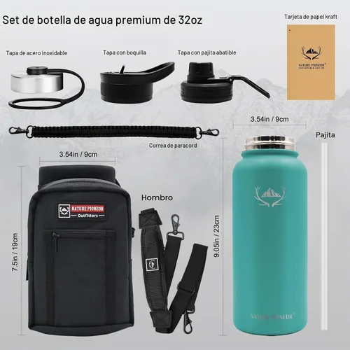 Vista 5 de NATURE PIONEOR Botella de agua aislada de 32 onzas con bolsa de transporte y 3 tapas Qine Verde