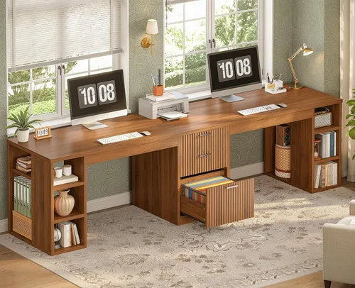 Vista 10 de SEDETA Farmhouse 96.5" 2 Person Computer Desk with Storage Drawers White and Brown