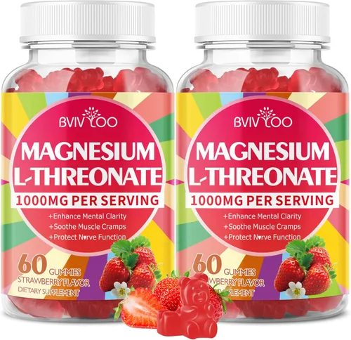 Vista 8 de Gomitas de magnesio L-treonato de 1000mg para niños y adultos - Apoyo para el sistema muscular y nervioso, veganas, sin azúcar sabor fresa, 60